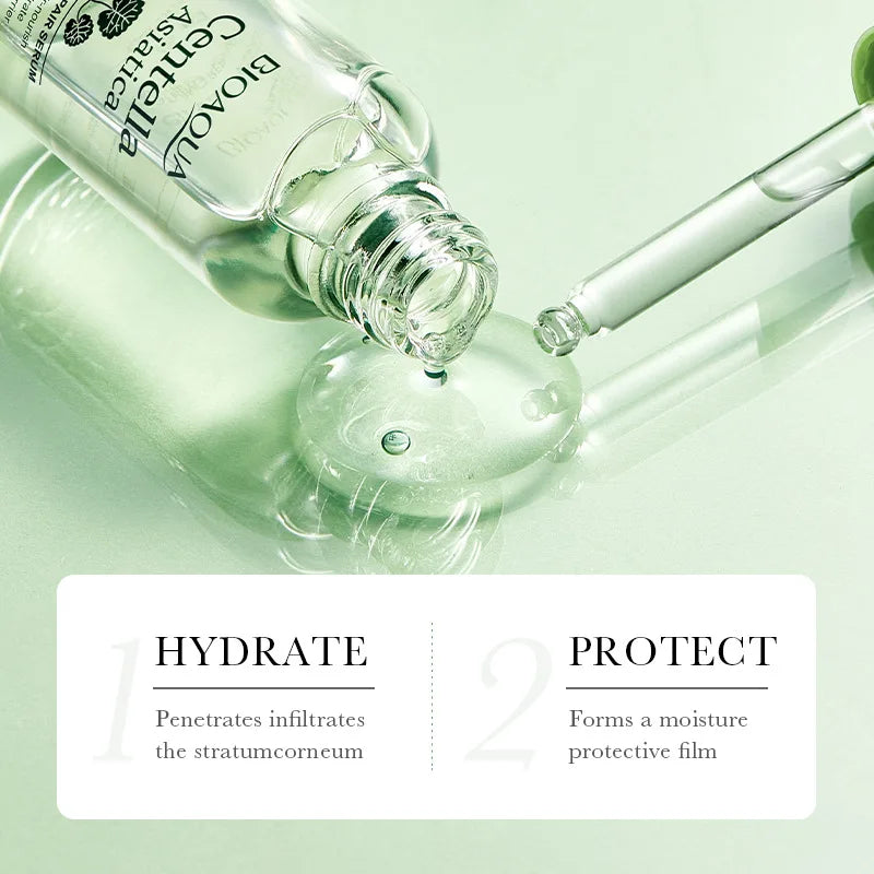 Glass dropper vials with green liquid, hydrate and protect panels