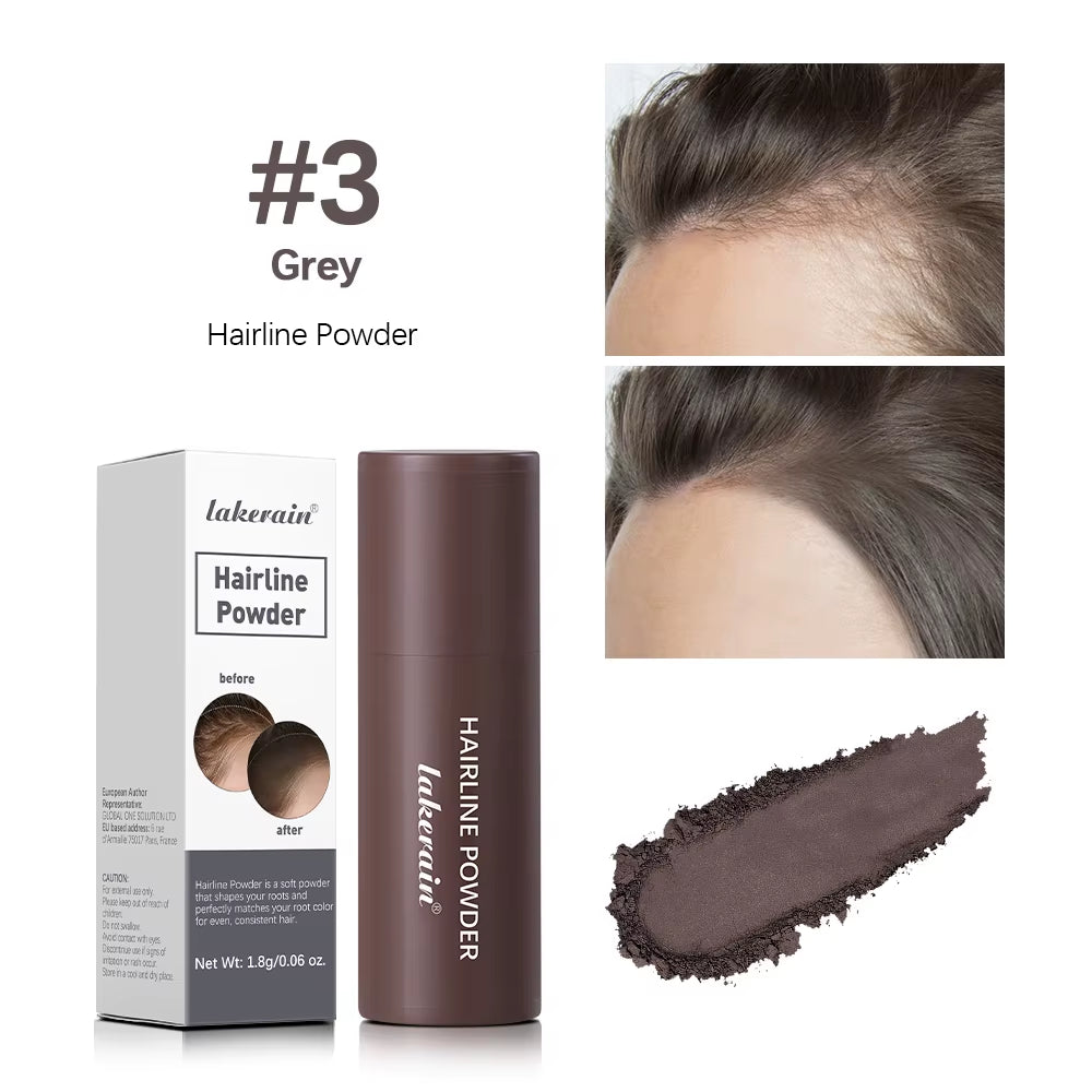 Hairline powder #3 Grey: box, bottle, and grey hairline before/after photos