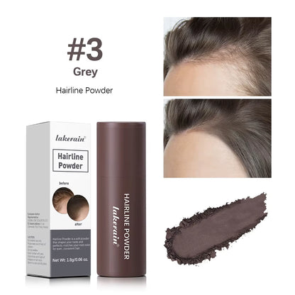 Hairline powder #3 Grey: box, bottle, and grey hairline before/after photos