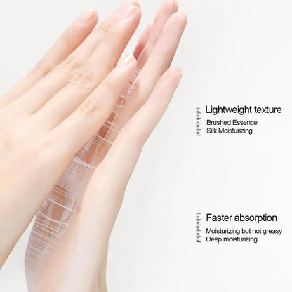 Hand with a thin layer of cream; text notes “Lightweight texture” and absorption.