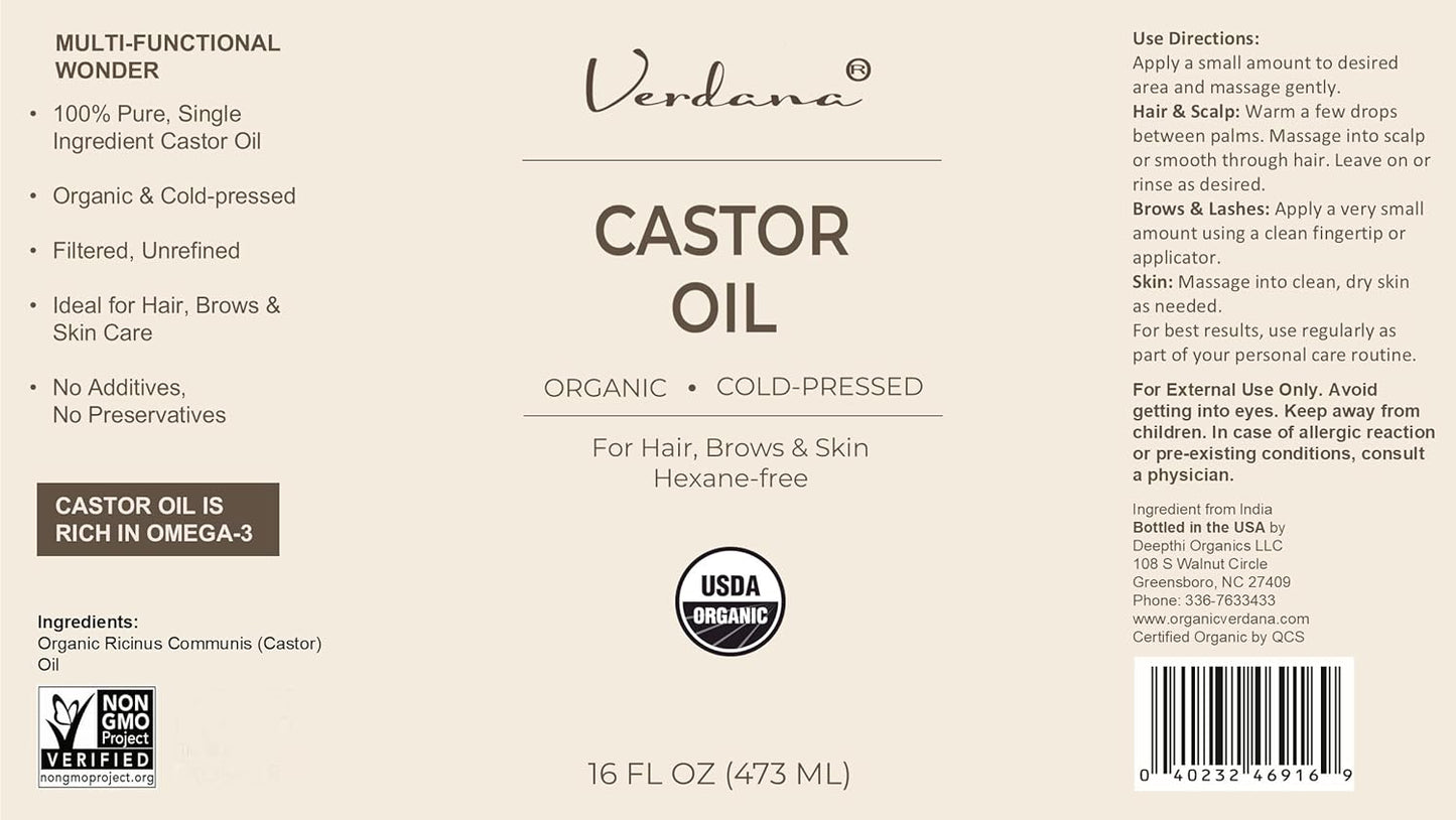 Castor oil organic cold-pressed 16 fl oz, USDA organic seal on label