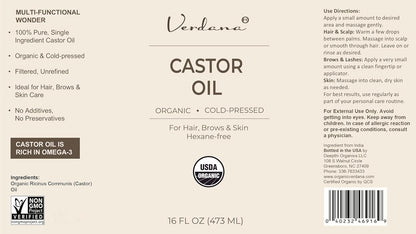 Castor oil organic cold-pressed 16 fl oz, USDA organic seal on label
