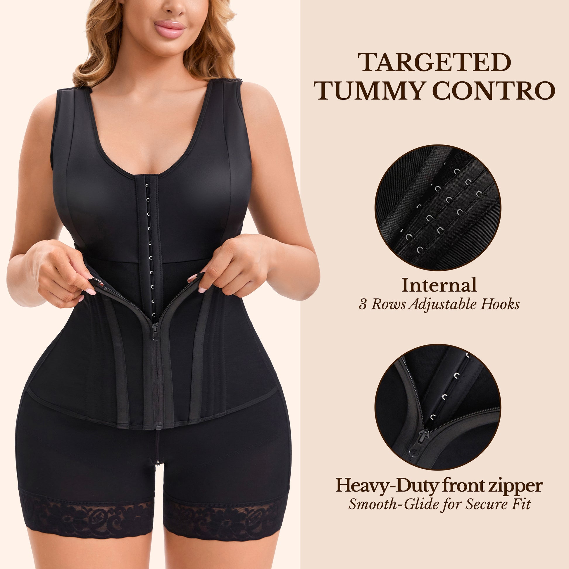 Black overbust shaper with internal adjustable hooks and front zipper