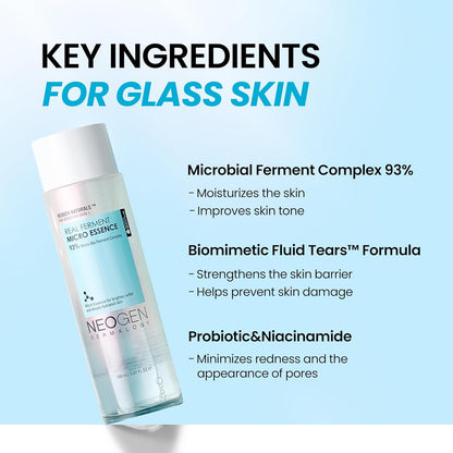 Real Ferment Micro Essence bottle with ingredient highlights and 93% microbial ferment callout
