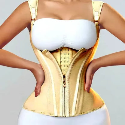 Apricot shapewear corset vest with front hook closure and structured boning
