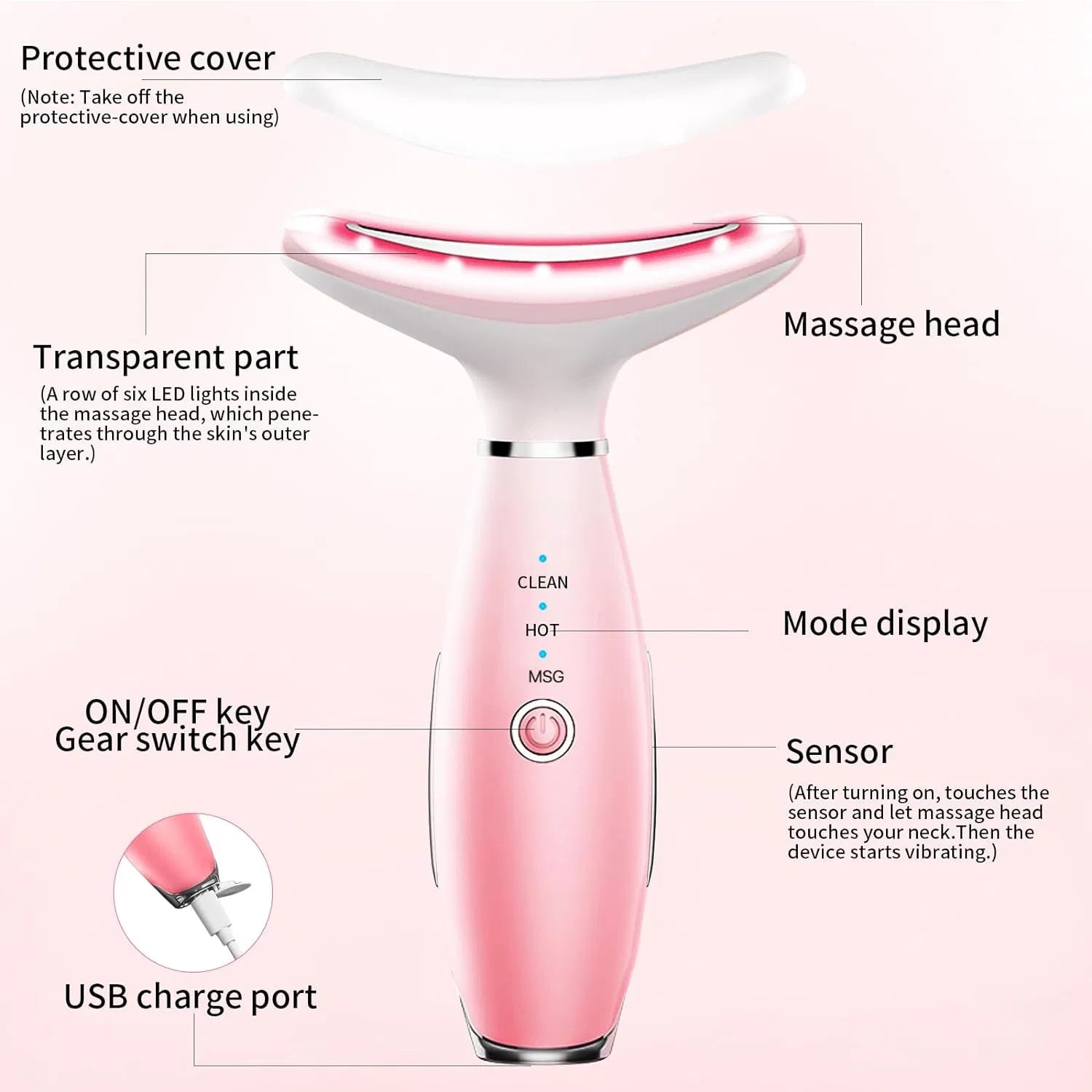 Pink 3-in-1 facial and neck massager with USB charge port and sensor