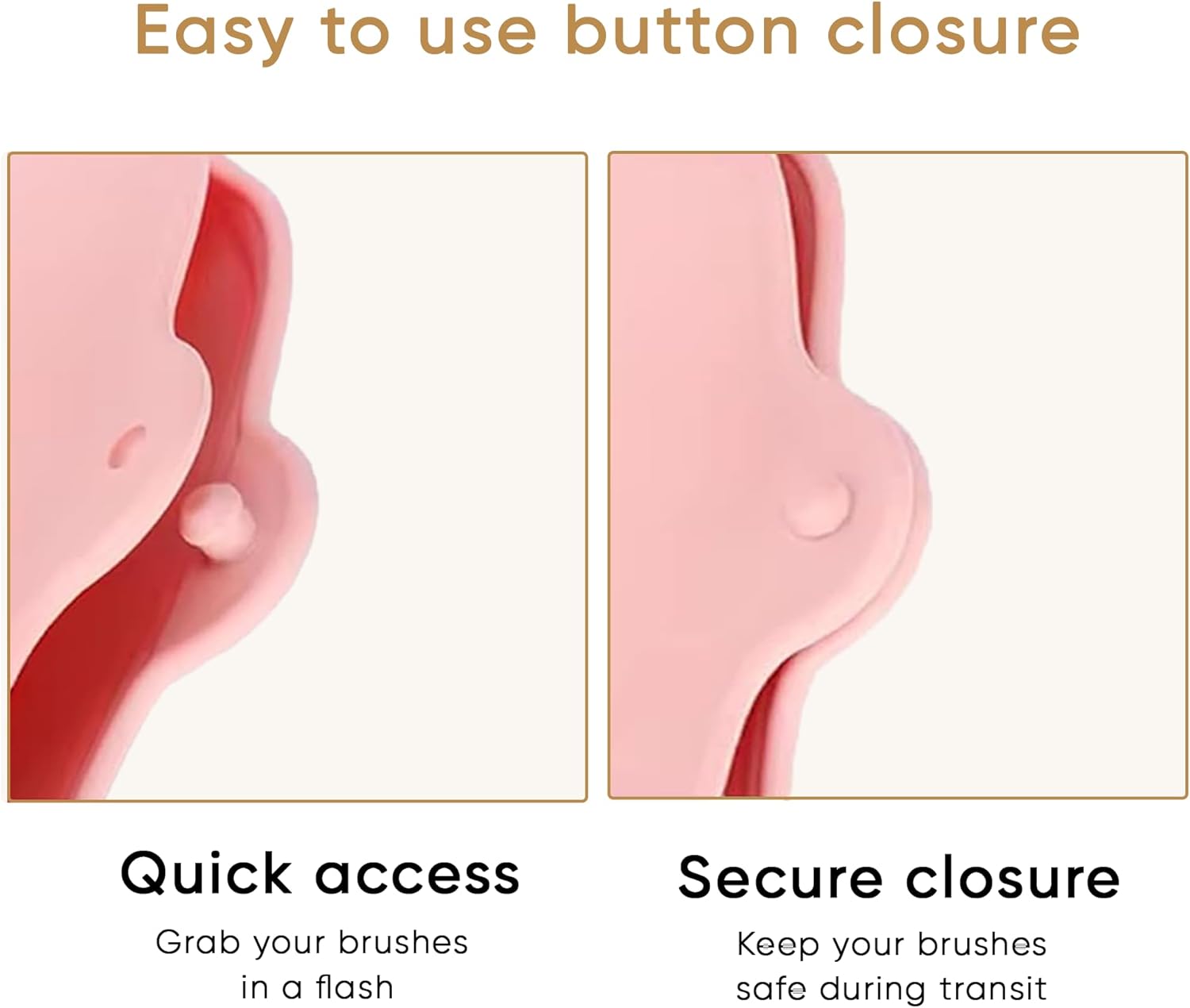 Pink silicone brush case with snap button closure and curved brush slots