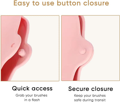 Pink silicone brush case with snap button closure and curved brush slots
