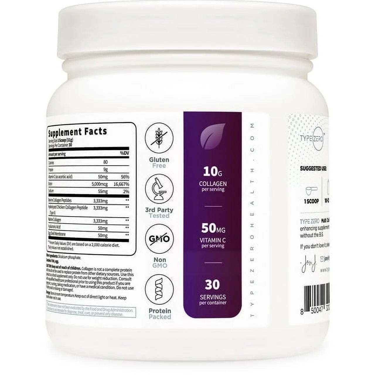 Type Zero Multi Collagen supplement facts panel, gluten-free icons and 10G collagen