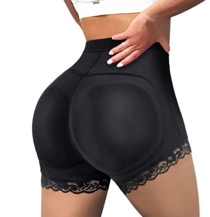 Black butt-lifting shapewear shorts with molded padded back and lace trim