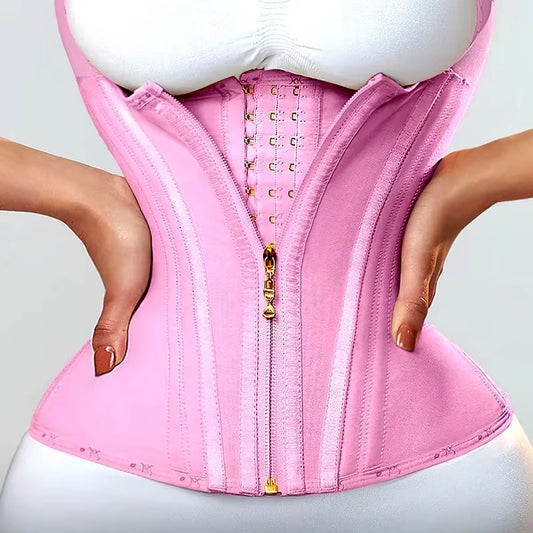 Pink shapewear corset vest con cierre frontal y panel trasero con ojales