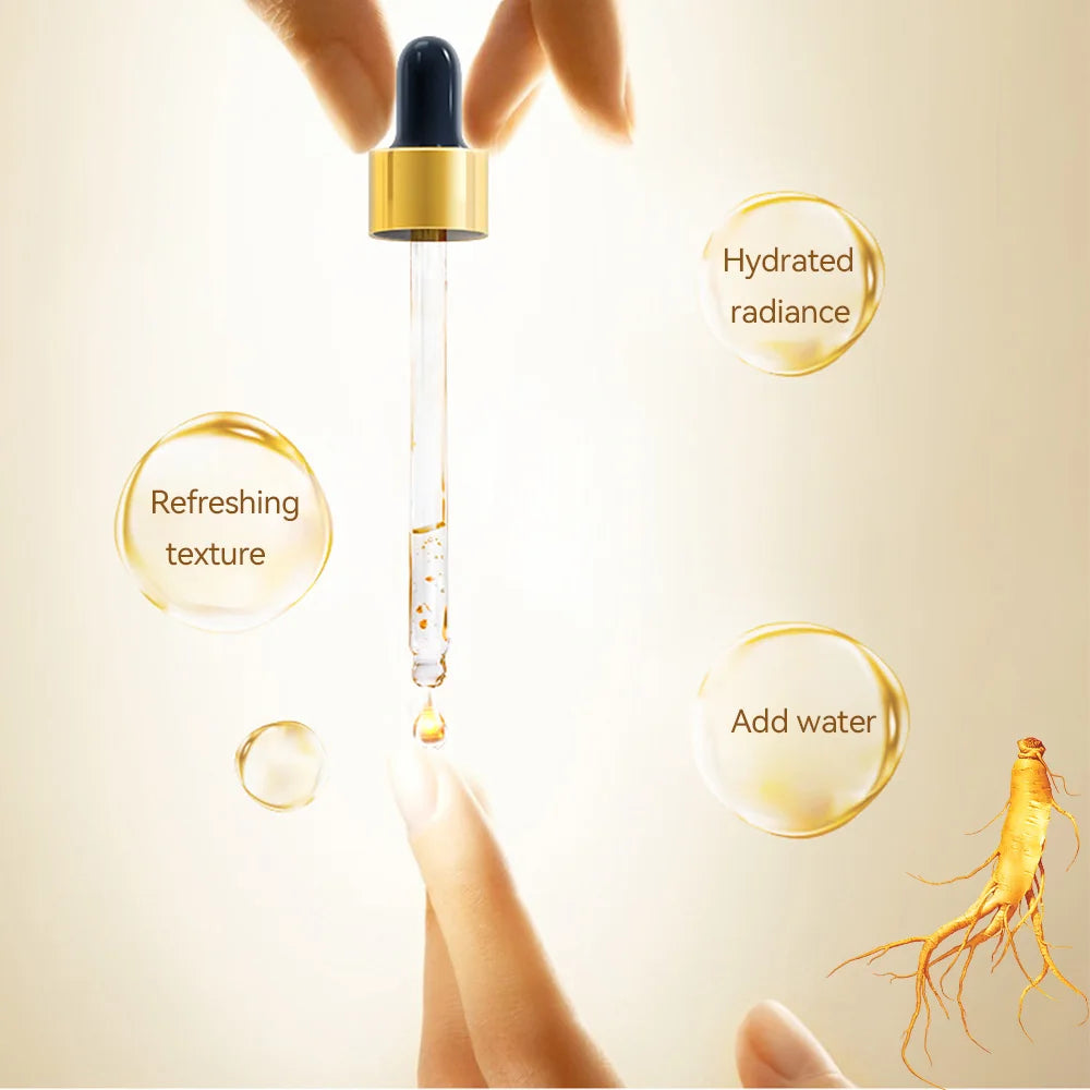 Hands holding dropper over clear stream of ginseng essence serum