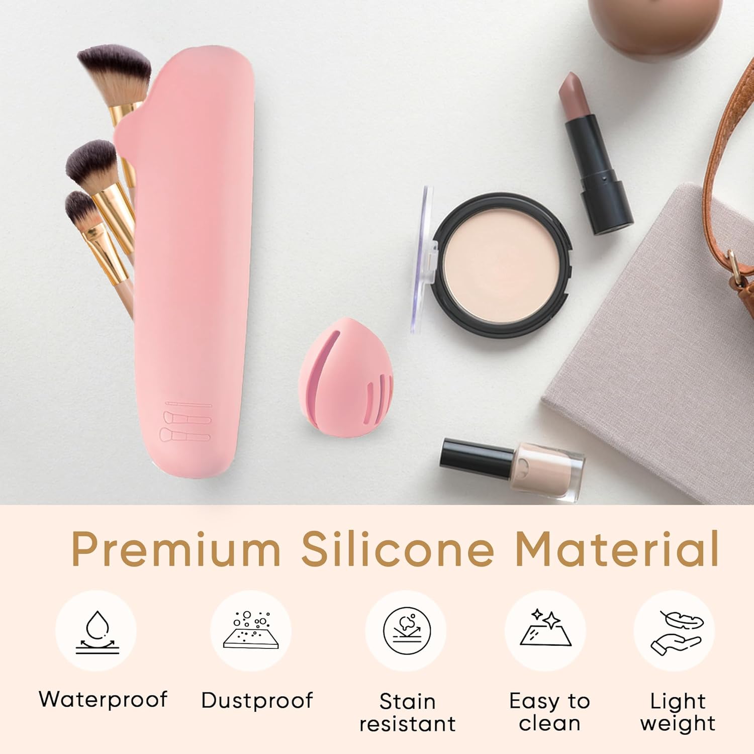 Pink silicone brush and sponge holder set with brushes and spare sponge cap