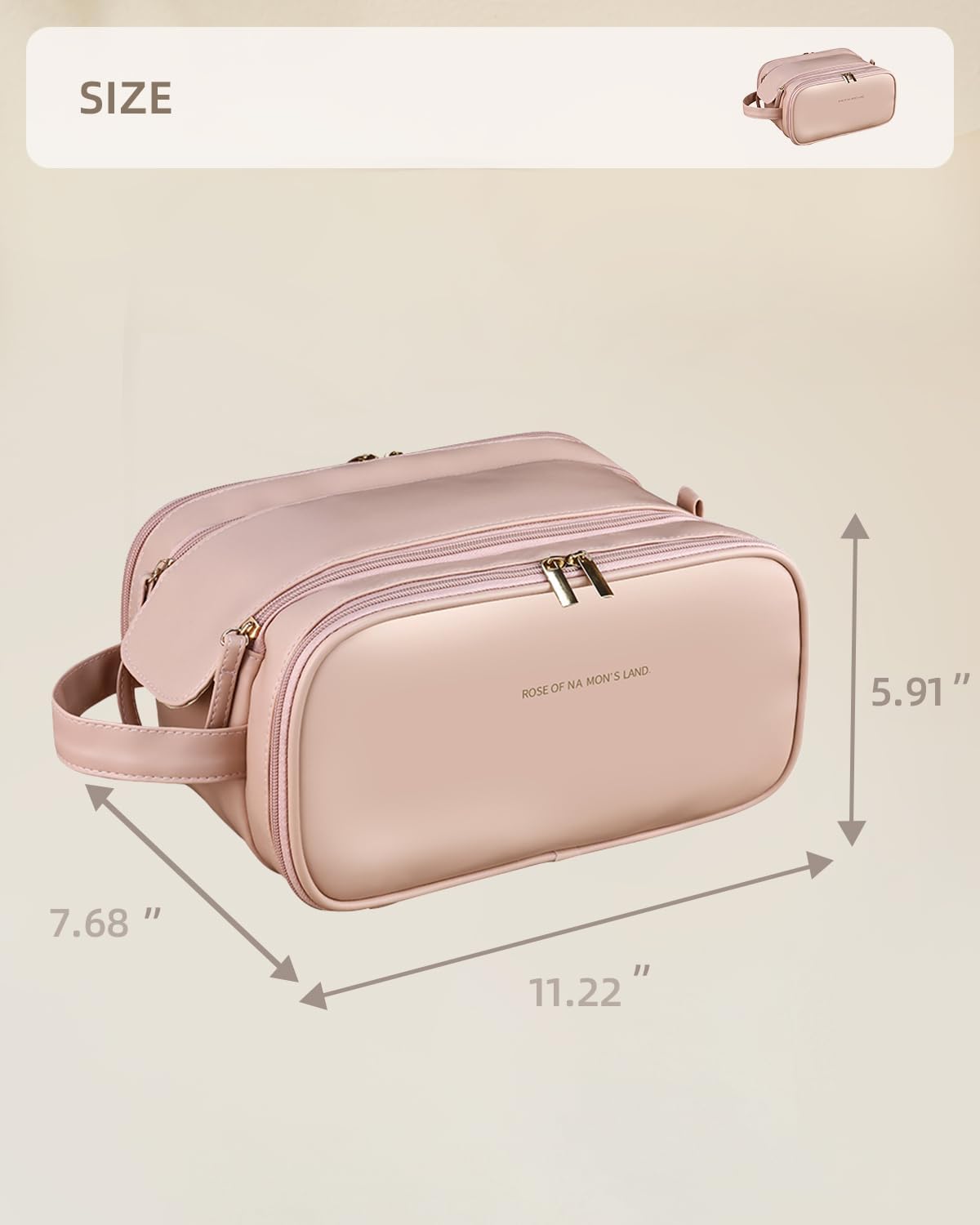 Pink travel makeup organizer bag shown in side view with strap