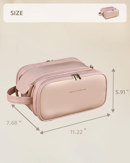 Pink travel makeup organizer bag shown in side view with strap