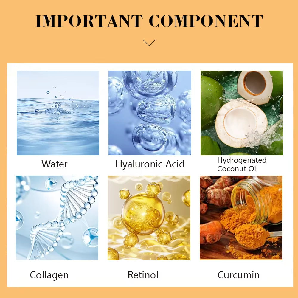 Ingredient highlights: water, hyaluronic acid, collagen, retinol, curcumin