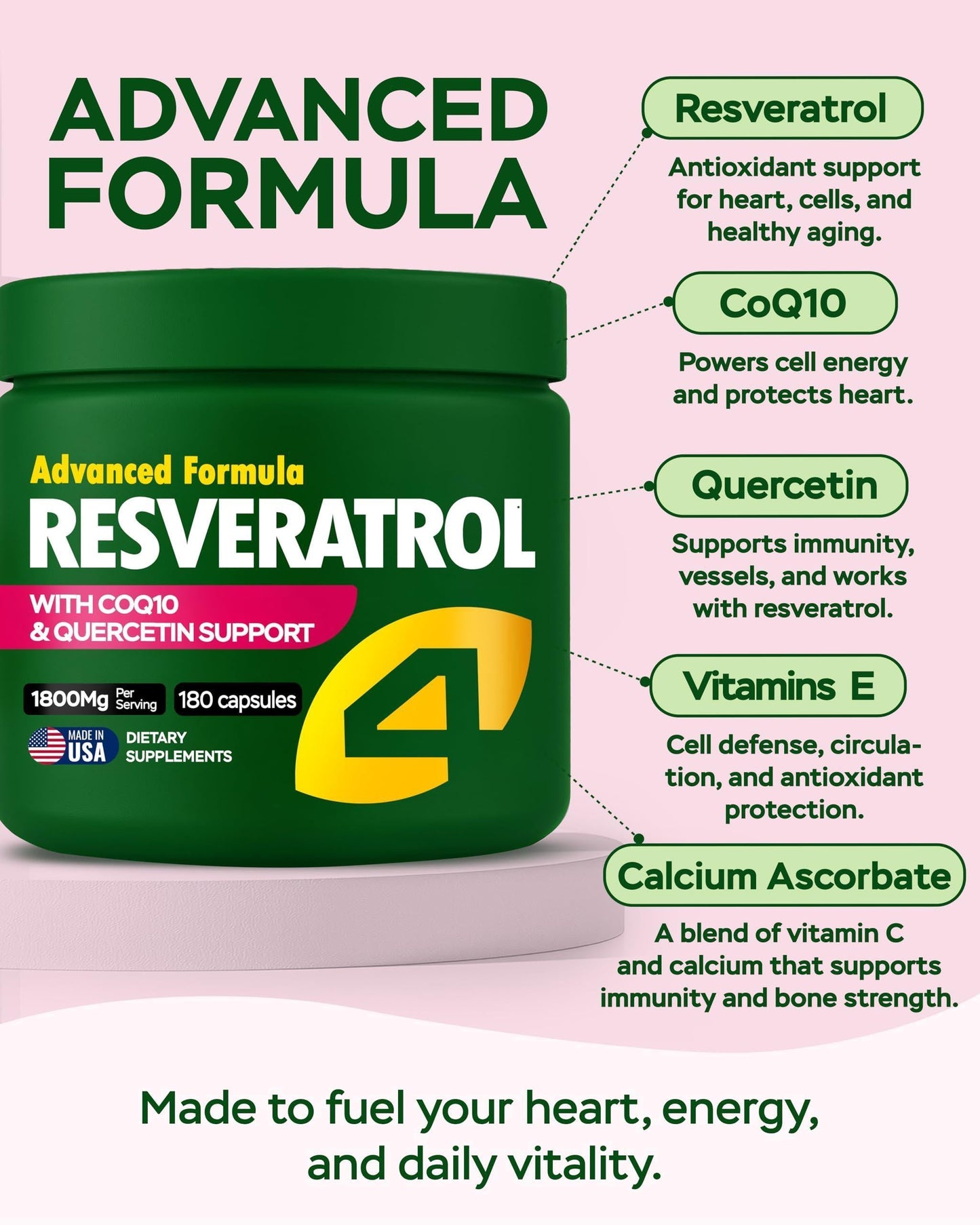 Green supplement jar labeled Advanced Formula RESVERATROL with CoQ10 & quercetin