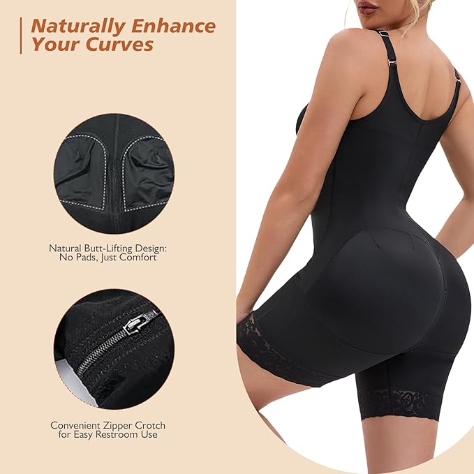 Black full body shaper with built-in bra, front zipper, and padded butt design