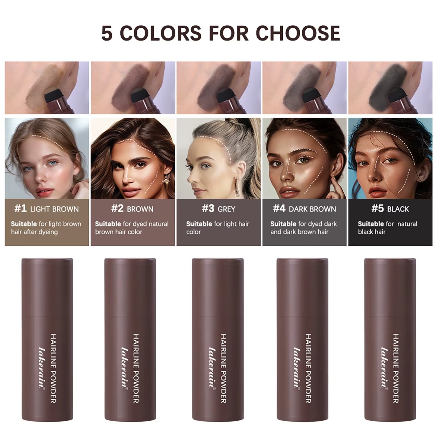 Hairline powder shade lineup showing #1 light brown through #5 black tubes and swatches