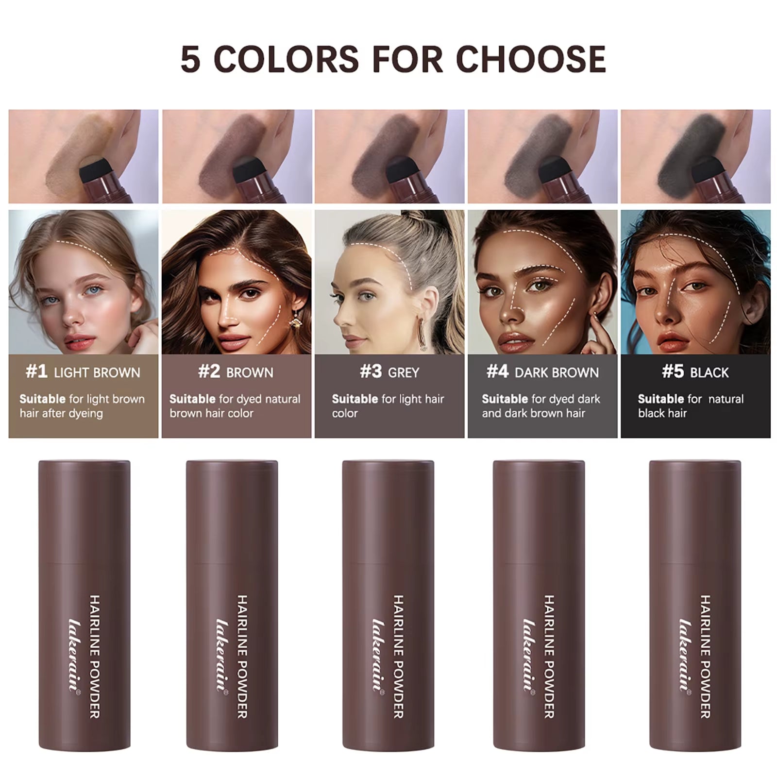 Hairline powder shade lineup showing #1 light brown through #5 black tubes and swatches