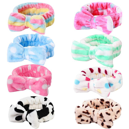 8-pack soft bow skincare headbands in assorted pastel and animal-print fabrics
