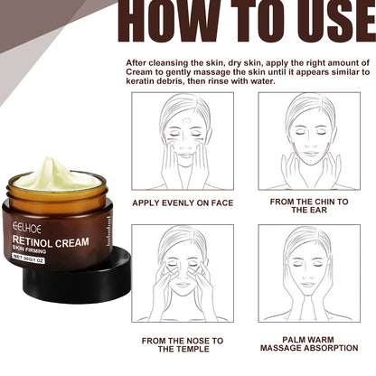 Retinol face cream jar with cream application diagram and open lid