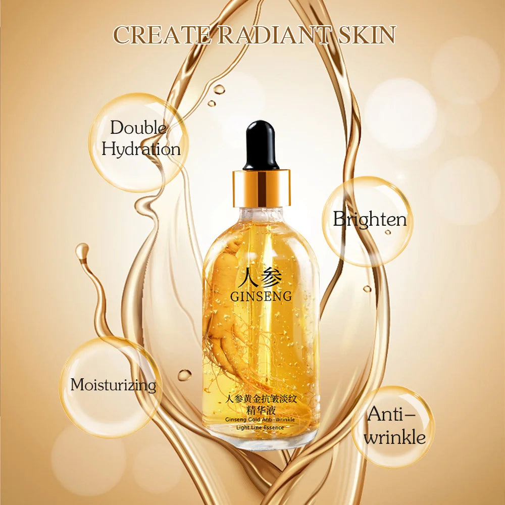 Ginseng essence anti-wrinkle dropper bottle with amber liquid and gold band