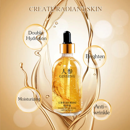 Ginseng essence anti-wrinkle dropper bottle with amber liquid and gold band