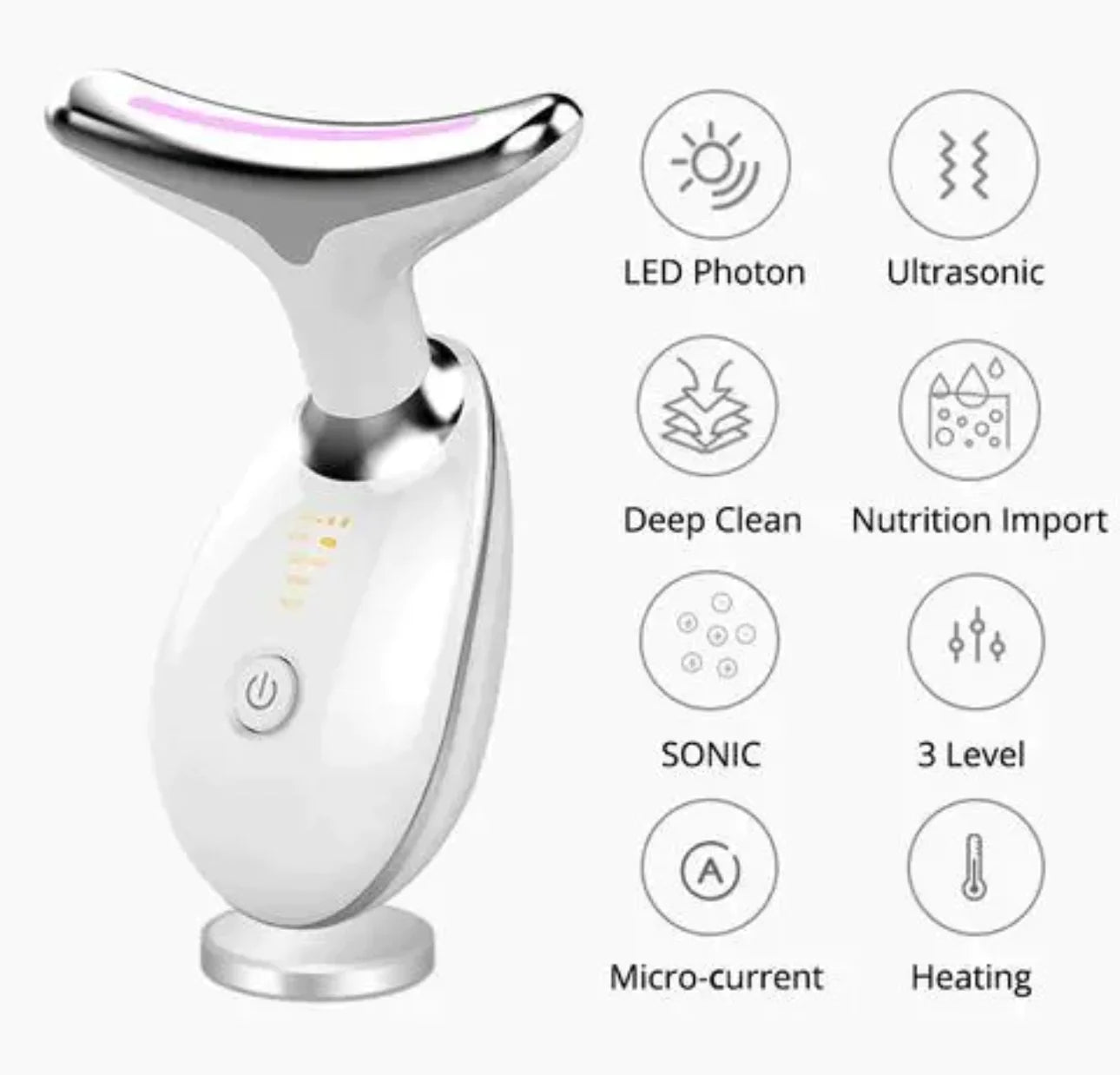 Microcurrent-Gerät, weiß, Kopf mit violettem LED-Streifen und runder Ein/Aus-Taste