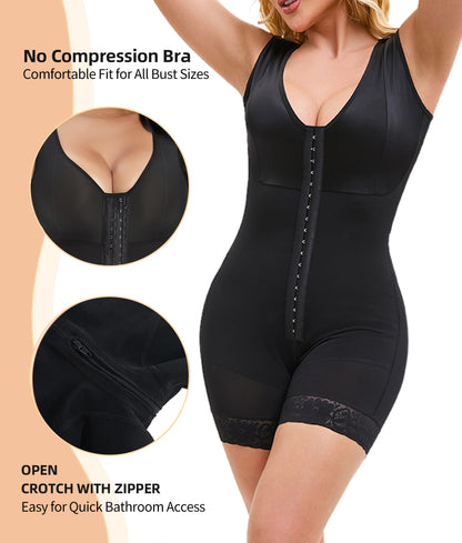 Black full body compression garment with front zipper panel and lace-trim shorts