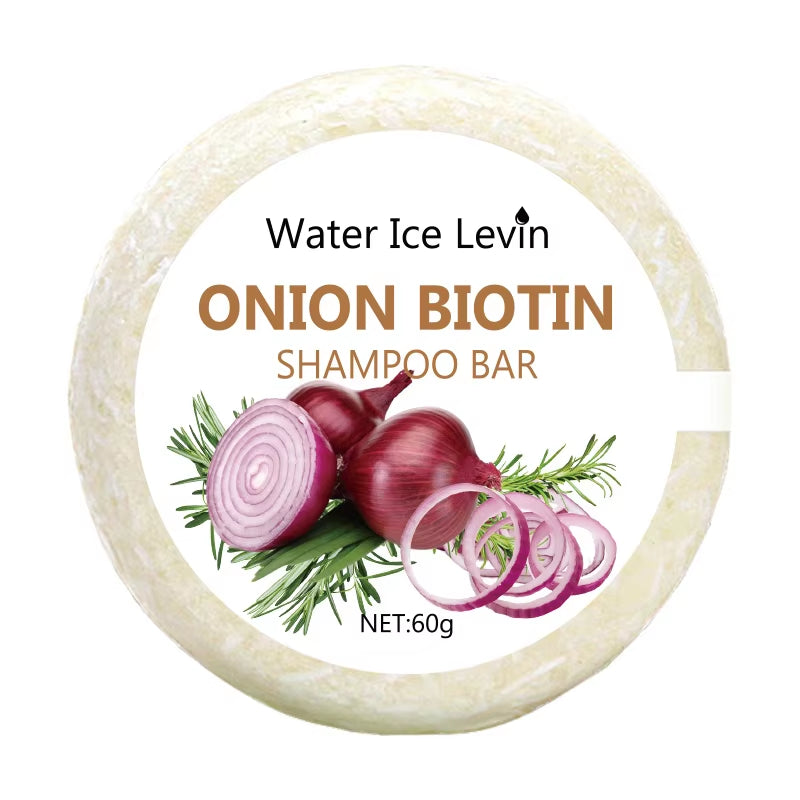 Onion biotin shampoo bar, solid beige circular soap with onion and rosemary graphics