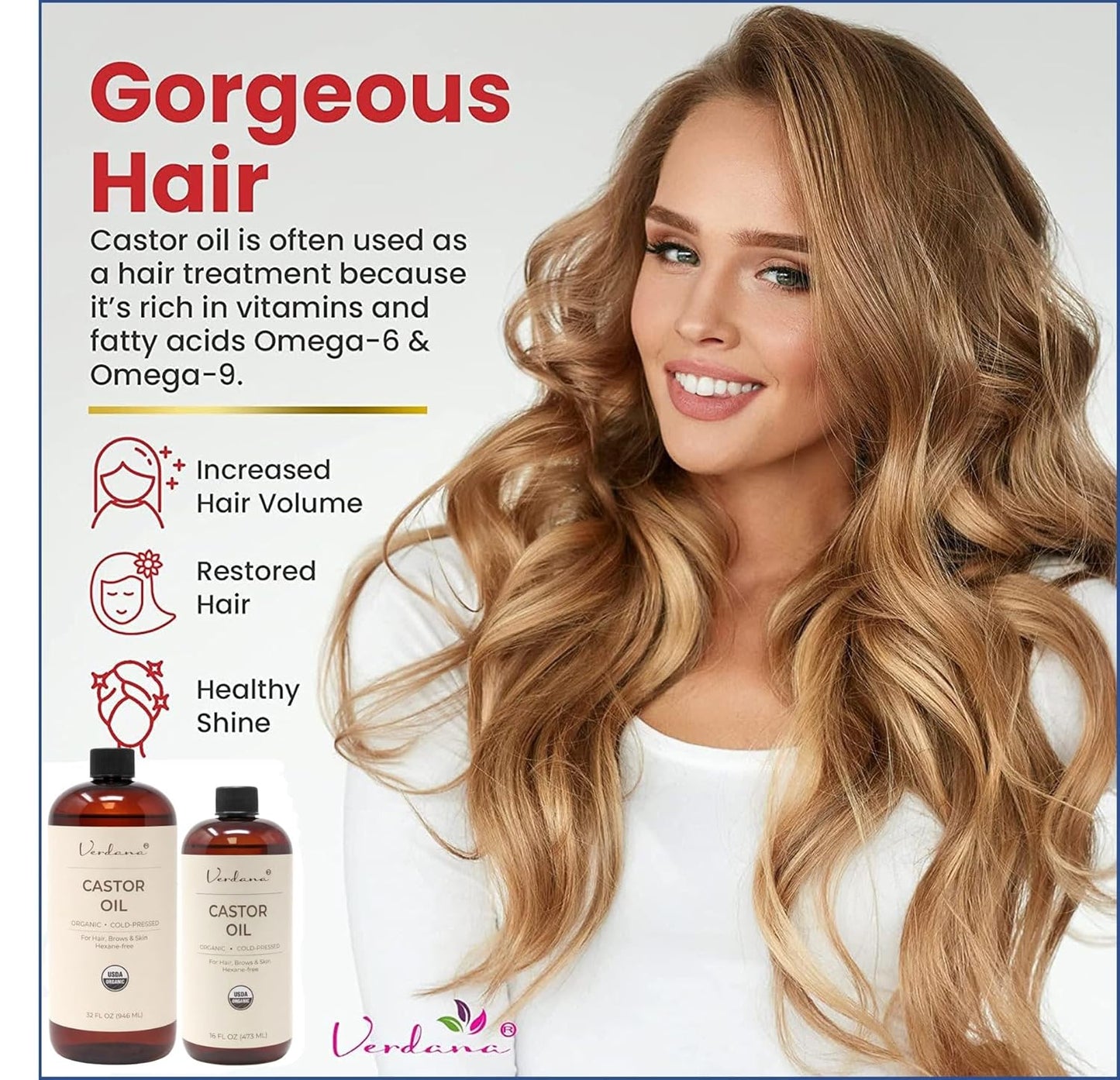 Castor oil hair care poster with model hair and two 16 fl oz bottles