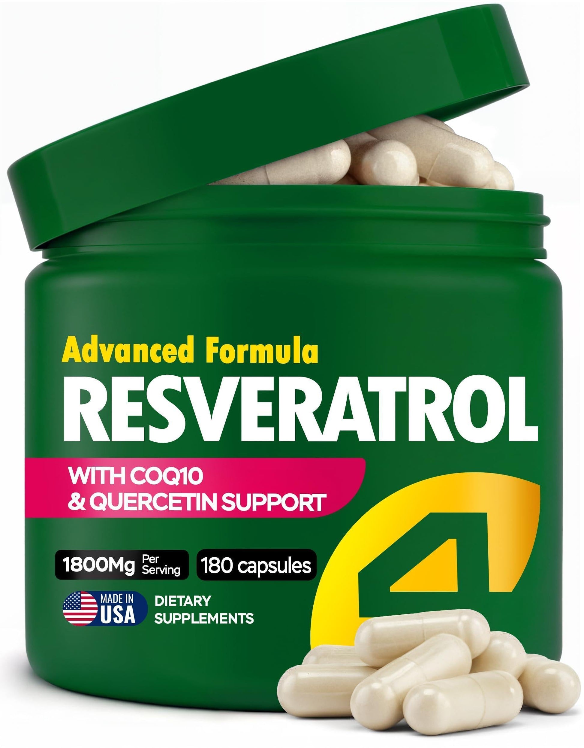 Resveratrol supplement jar with capsules, labeled CoQ10 & quercetin support