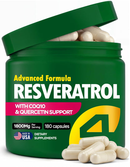 Resveratrol supplement jar with capsules, labeled CoQ10 & quercetin support