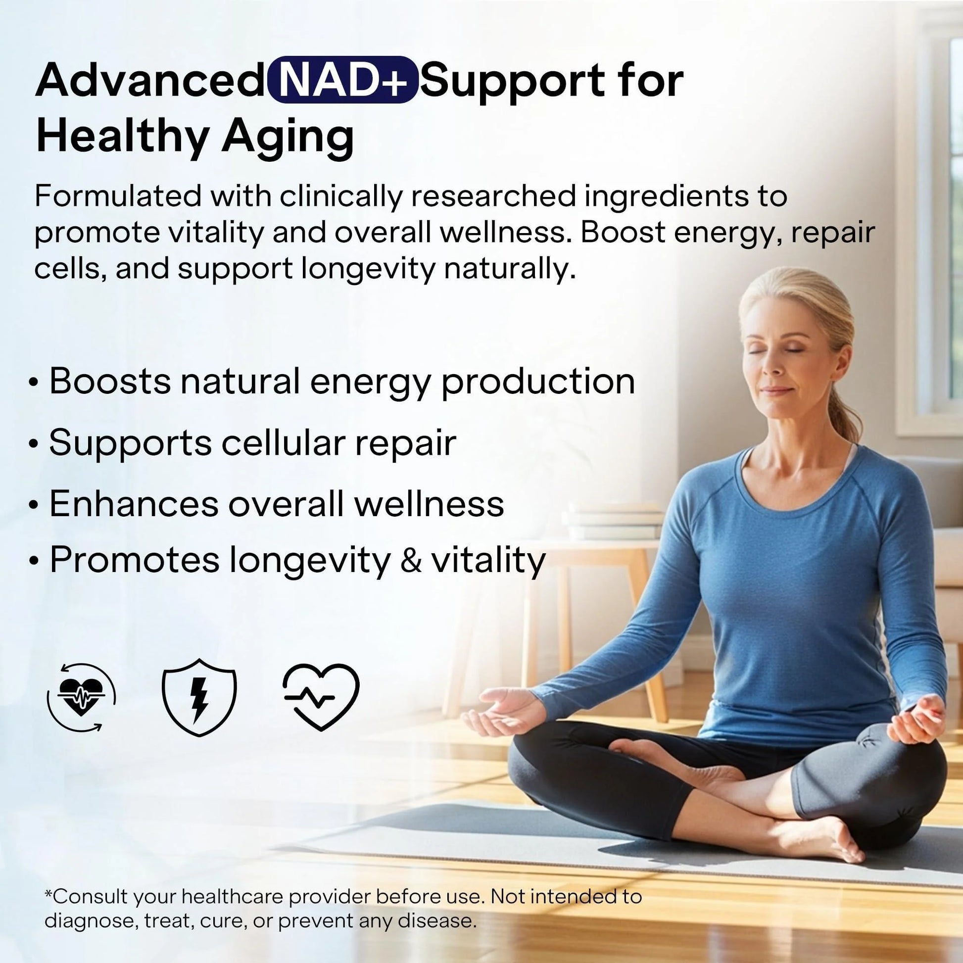 Advanced NAD+ support infographic with white capsule icons for energy and repair