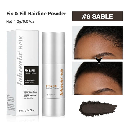 #6 sable hairline powder: bottle, box, and dark brow hairline swatch