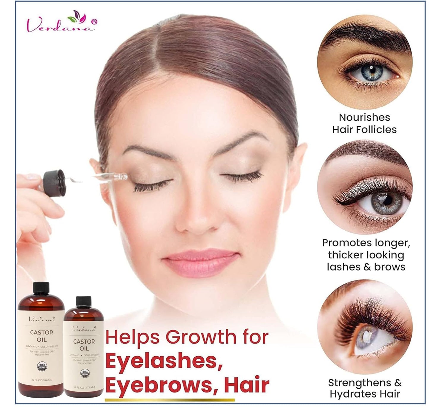 Castor oil application poster: dropper on lashes, two bottles, close-up eyes