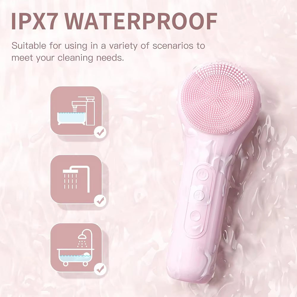 Pink rechargeable silicone facial cleansing brush with round sonic bristles