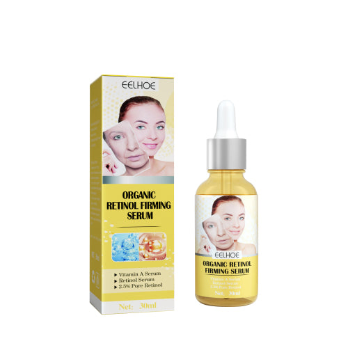 Retinol firming serum box and dropper bottle with amber liquid