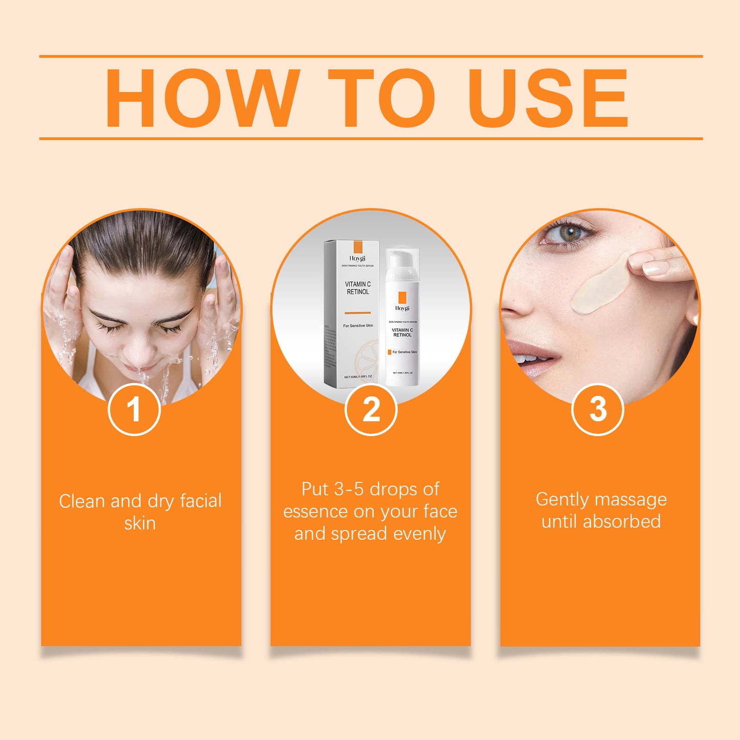Vitamin C and retinol serum how-to-use steps with application close-ups