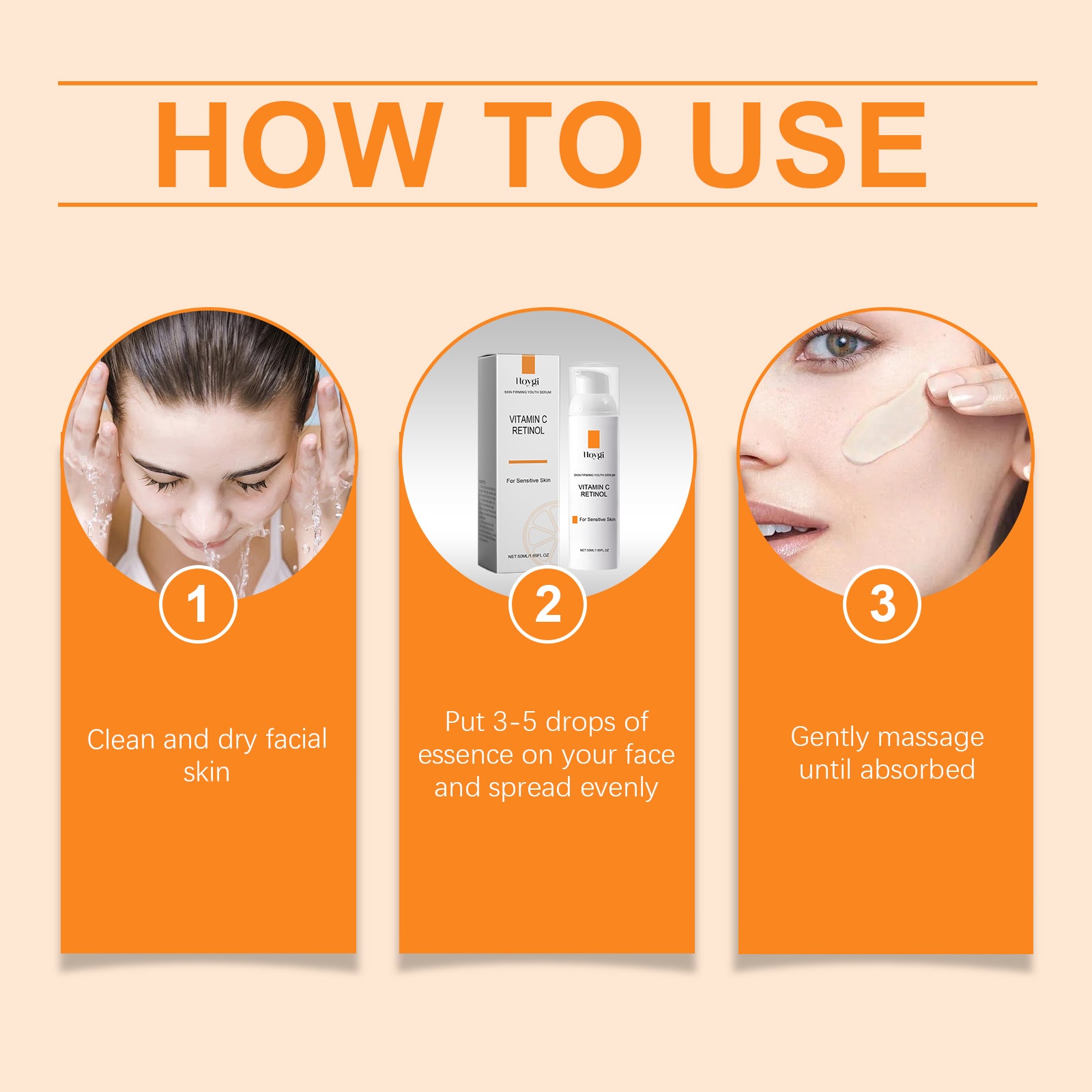 Vitamin C and retinol serum how-to-use steps with application close-ups