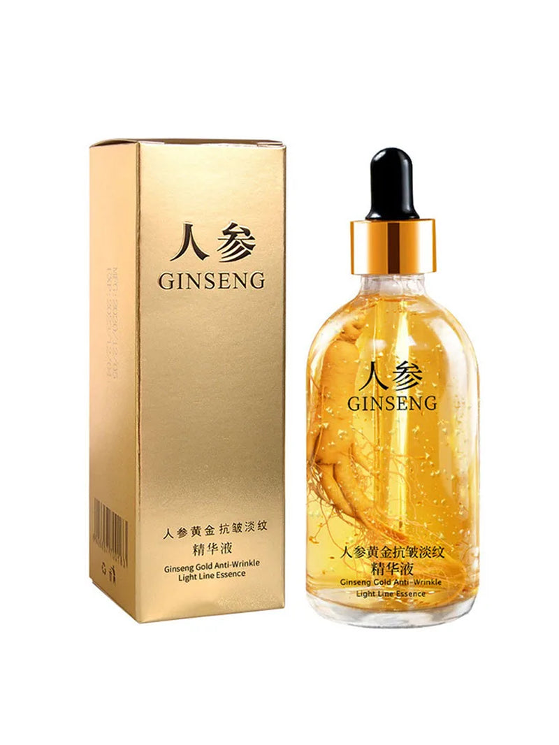 Ginseng essence bottle with black dropper, gold label, and matching gold box