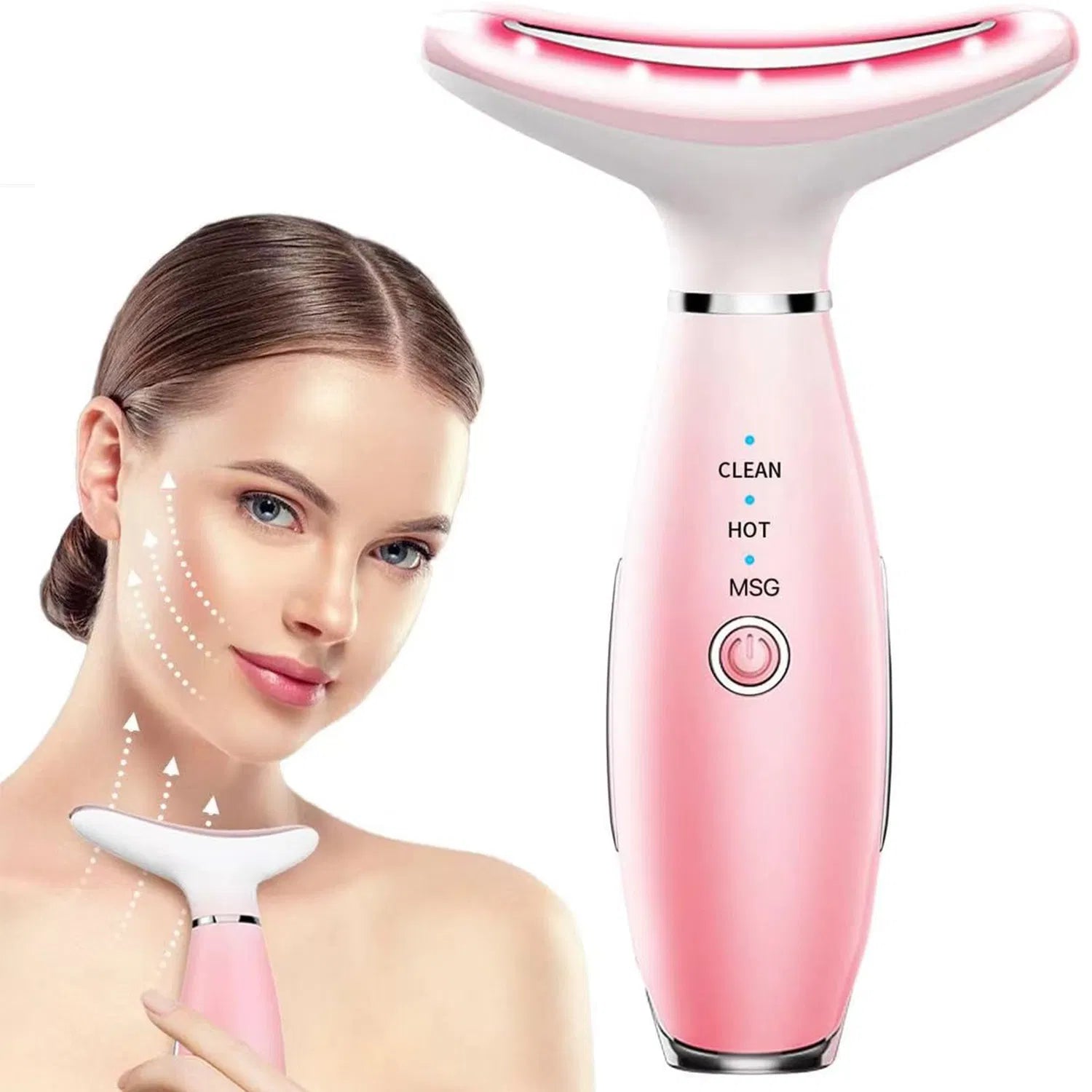 Pink 3-in-1 facial and neck massager with heated vibration head