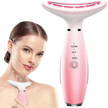 Pink 3-in-1 facial and neck massager with heated vibration head