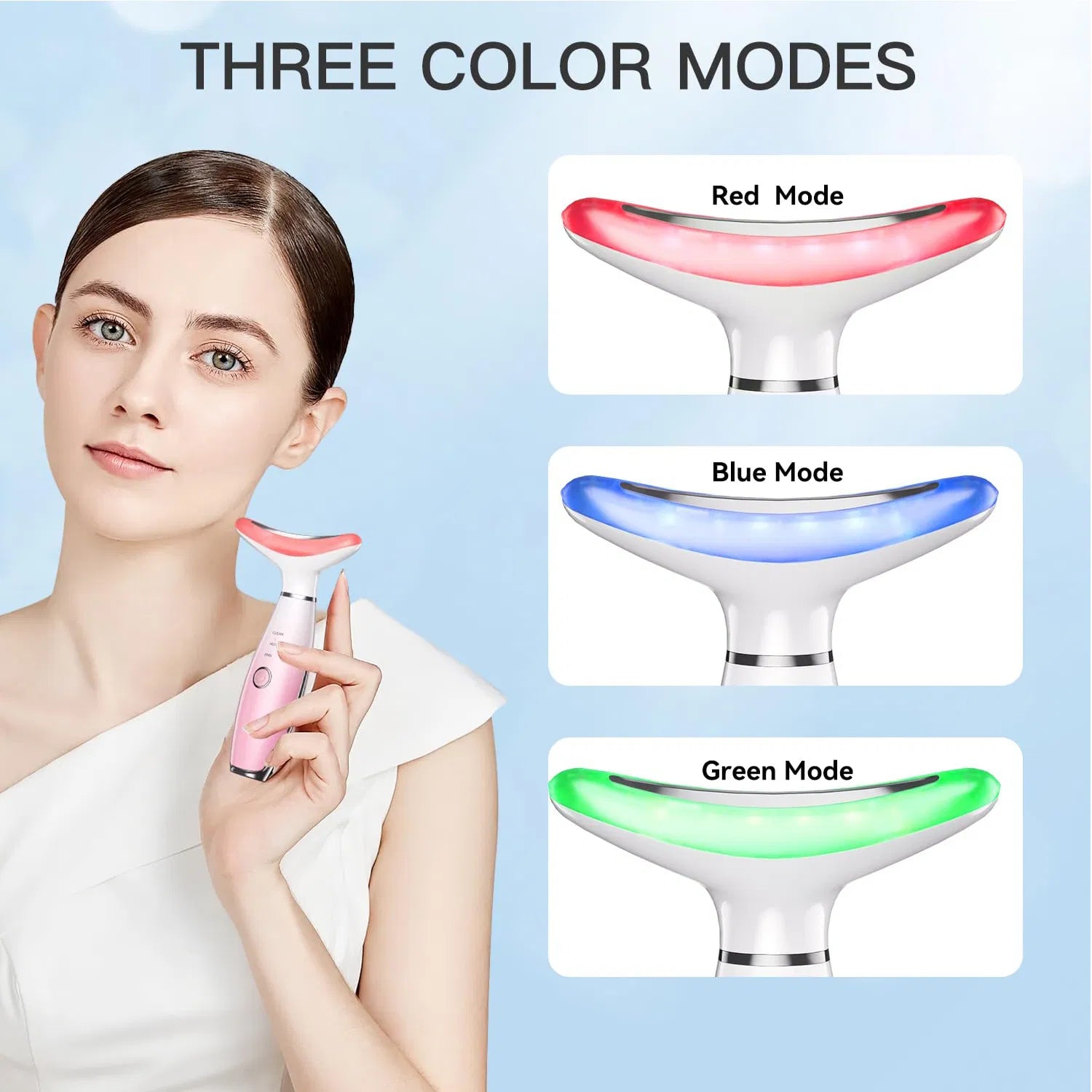 Pink face and neck massager with red, blue, and green heated light modes
