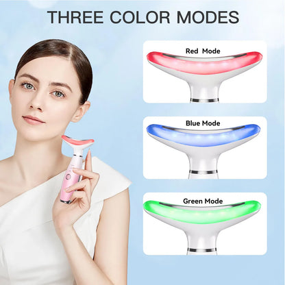 Pink face and neck massager with red, blue, and green heated light modes