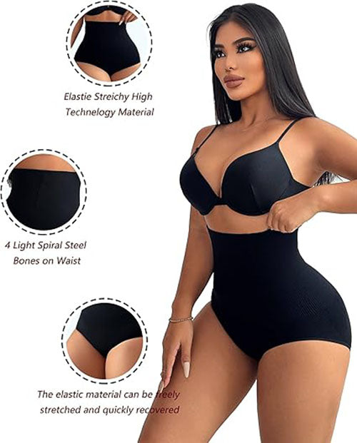 Black high-waist shaping panty with elastic comfort band and contoured silhouette.