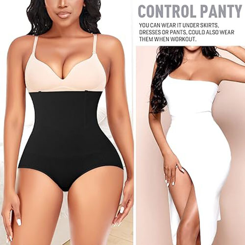 Black control panty with high-rise waist and seamless front smoothing coverage.