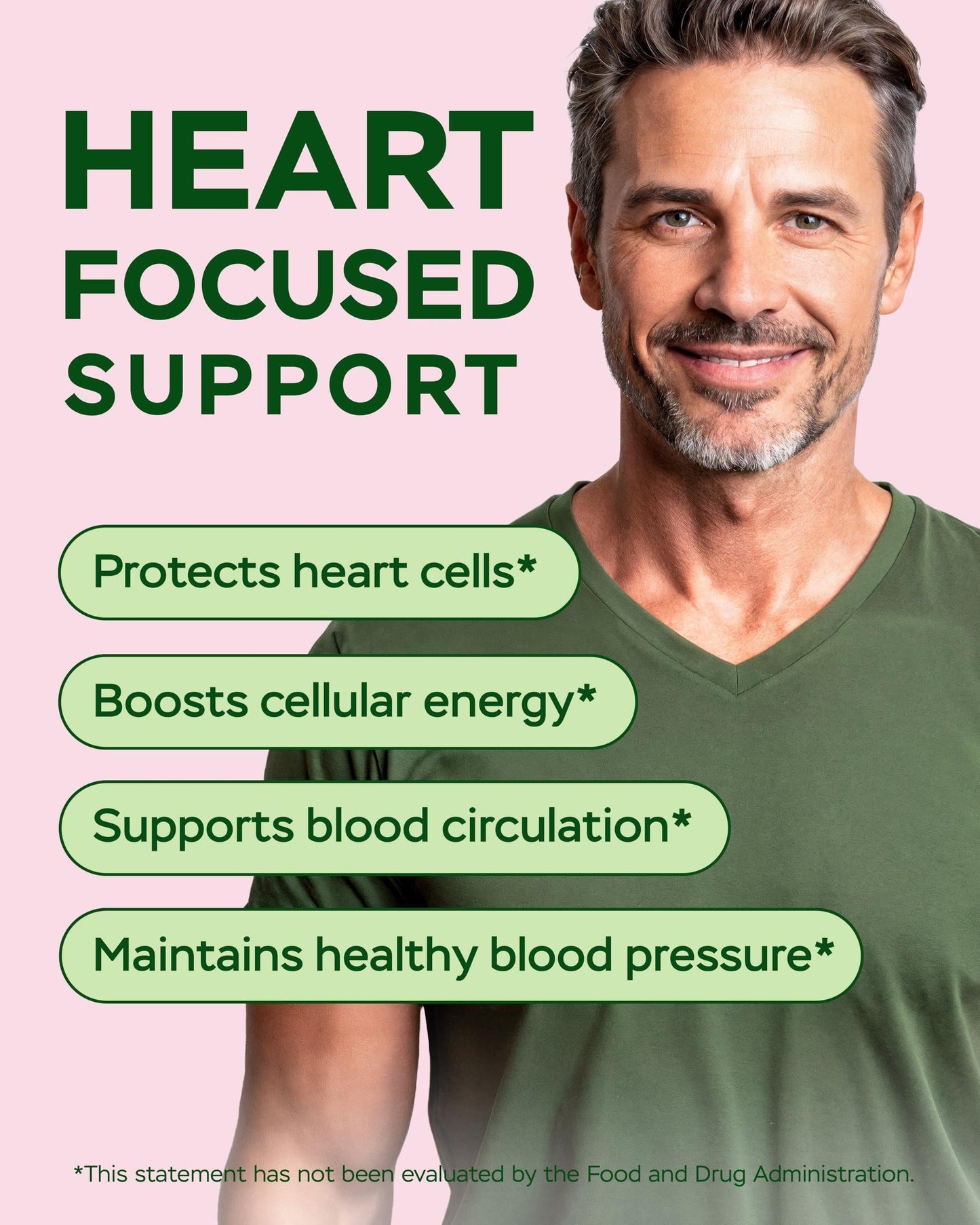 Heart focused support text with man in green V-neck; resveratrol supplement claim