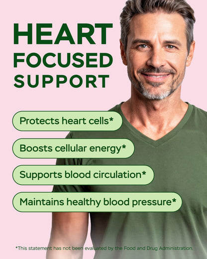 Heart focused support text with man in green V-neck; resveratrol supplement claim
